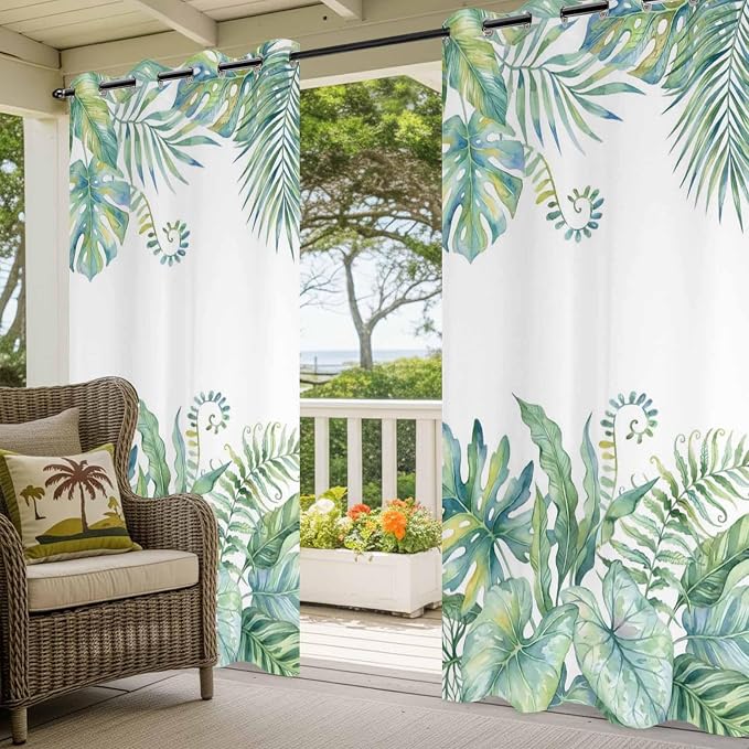 Leaves Outdoor Curtains for Patio Green Leaf Tropical Plants Farmhouse Pastoral