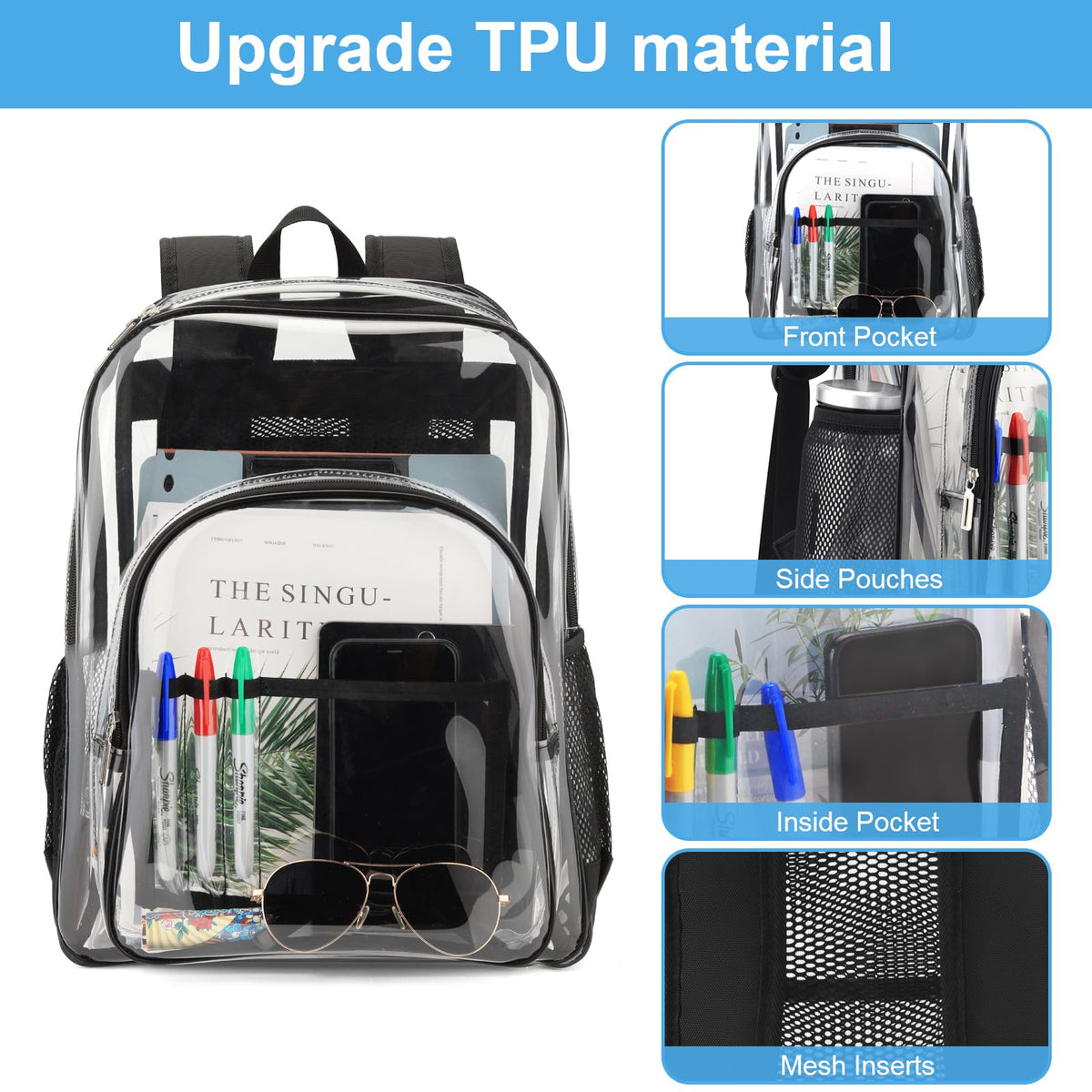 Carolipack Clear Backpack Heavy Duty For Work XL.TPU Transparent Backpacks for College,Travel,Sporting (Clear) - H17.7x''14.1''x6.8''