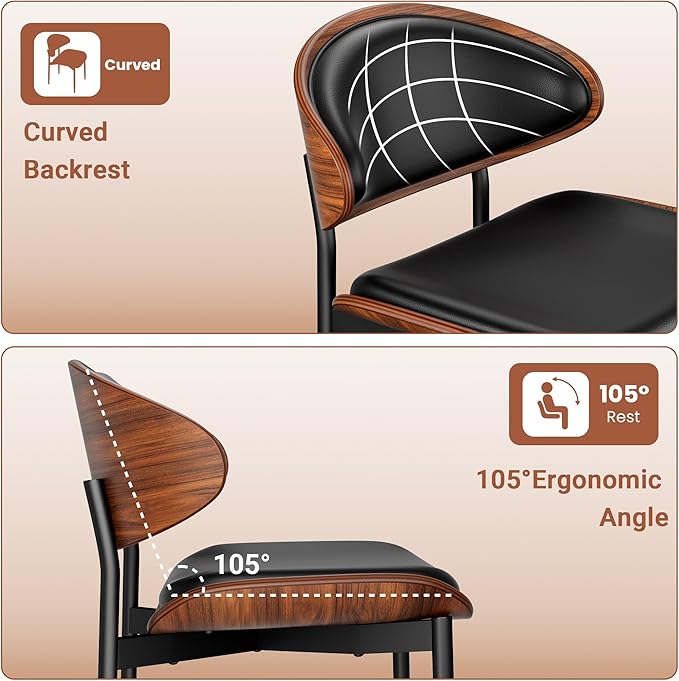 Dining Chairs Set of 4, Dining Room and Kitchen Chairs, Mid Century Modern Retro Chair, Upholstered PU Leather Chairs for Vanity with Walnut Bentwood and Metal Legs (Black)