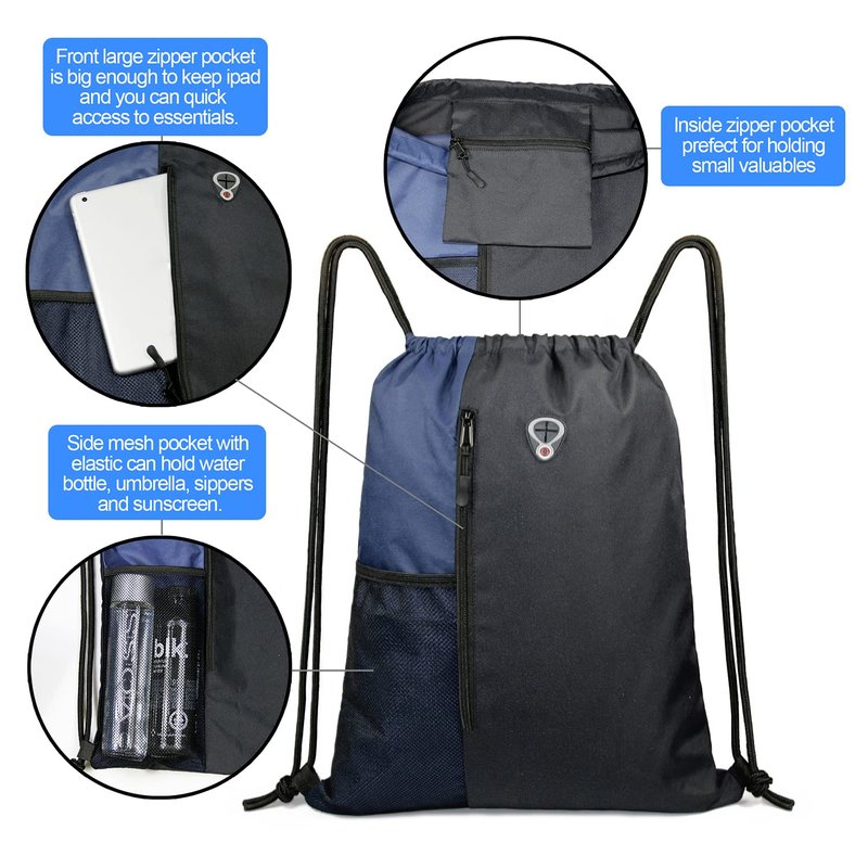 BeeGreen Drawstring Backpack Sports Gym Bag for Women Men Large Cinch Sackpack with 2 Zipper Pockets and Water Bottle Mesh Pockets Black Navy