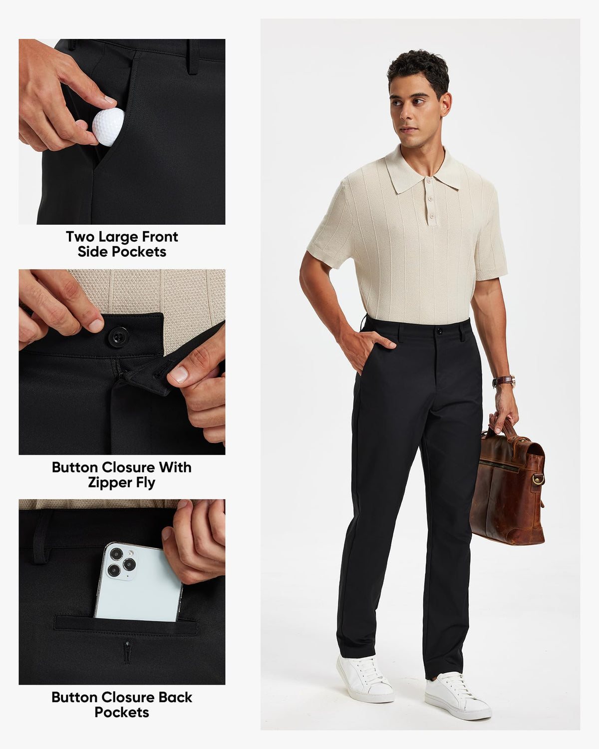 Men's Classic Fit Stretch Golf & Dress Pants 32'' - All-Day Comfort Performance Pants for Work, Business Casual & Travel Black, 34W x 32L