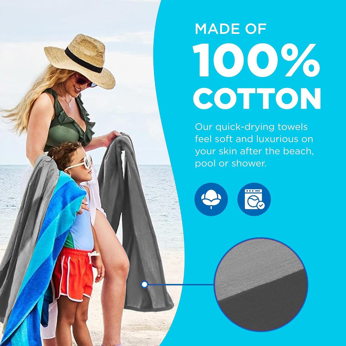 KAUFMAN - Velour Multi-Color Cabana Striped Beach Towels | 100% Cotton Beach Towel Pack 30" x 60" | Absorbent, Quick-Drying Pool Towels for Adults (2 Pack)