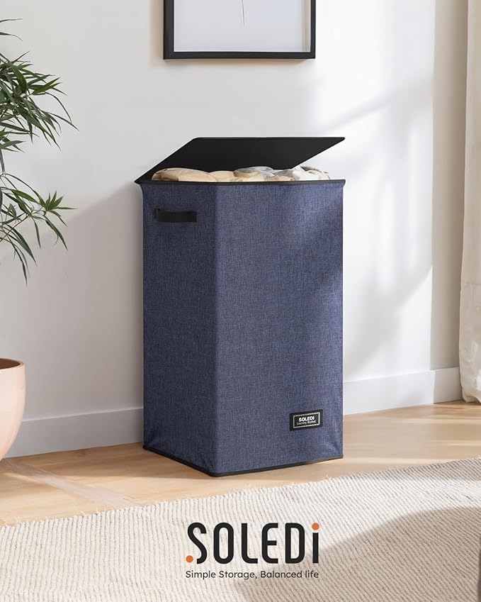 SOLEDI Laundry Hamper with Lid 90L Large & Tall Collapsible Laundry Basket, Clothes Hamper with Bag Removable Easy to Carry, Dirty Hampers for Bedroom, Bathroom, Dorm, College, Navy Blue