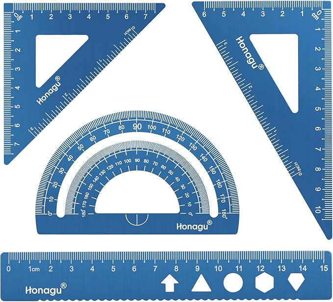 Honagu Triangular Ruler Set, 4 Pieces Aluminum Alloy Metal Drafting Ruler, Geometric Protractor for Students, Draftsmen, Engineers, Home School Office Supplies (15cm/5.9inches, Blue)