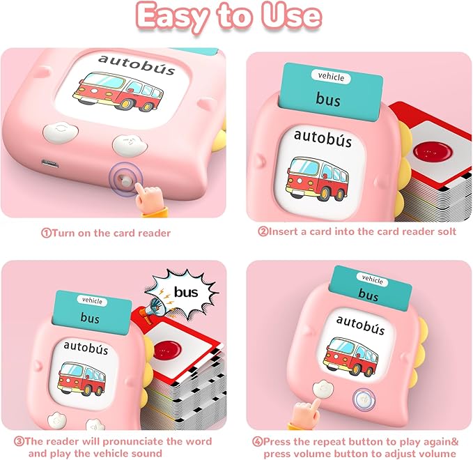Kidzdo 520 Bilingual Spanish English Talking Flash Cards, Easter Birthday Gifts for 2 3 4 5 6 Year Old Girls, Language Pocket Speech Therapy Toys, Portable Toddlers Toys, Pink