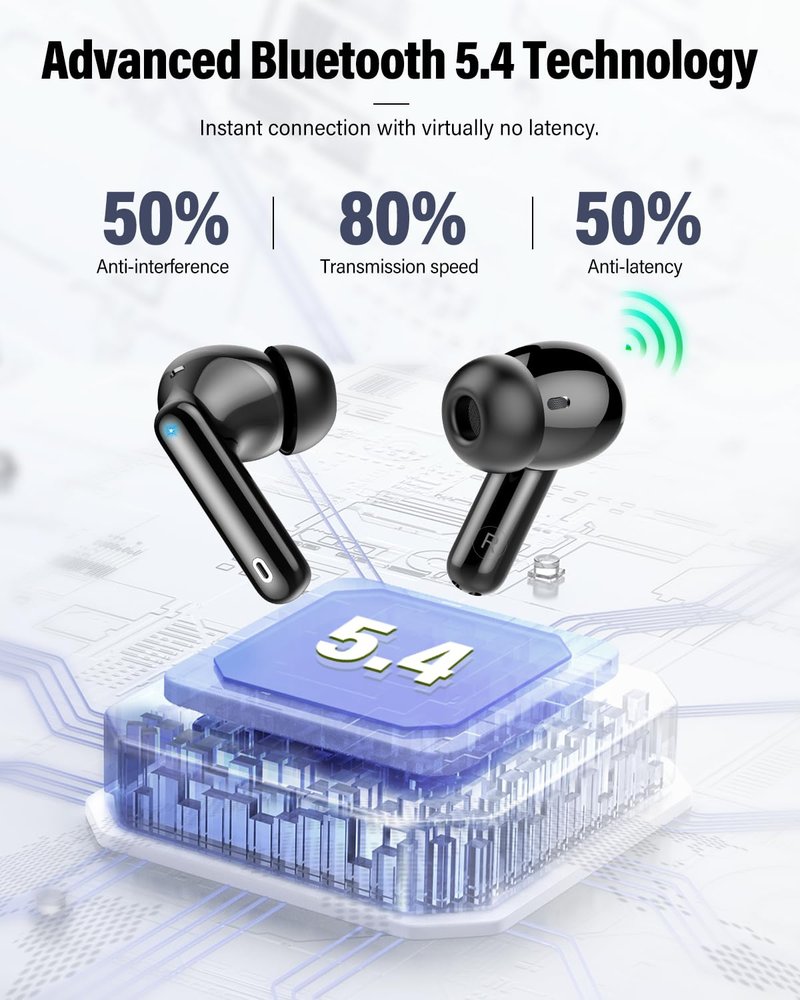 Wireless Earbuds, Bluetooth 5.4 Headphones Bass Stereo, Ear Buds with Noise Cancelling Mic, LED Display in Ear Earphones Clear Calls, IP7 Waterproof Bluetooth Earbuds for Phones/Sports/Laptop, Black