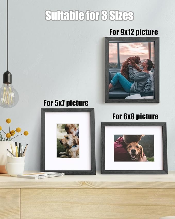 Egofine 9x12 Picture Frame Made of Solid Wood with Plexiglass, Display Pictures 5x7/6x8 with Mat or 9x12 Without Mat for Tabletop and Wall Mounting, Rustic Black