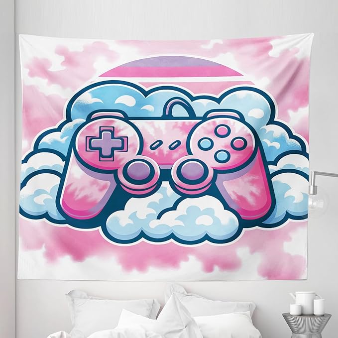 Ambesonne Pink Tapestry King Size, Girly Gamer Concept Design with a Controller and Clouds on a Soft Tie Dye Sky, Wall Hanging Bedspread Bed Cover Wall Decor, 104" X 88", Purple Pale Blue