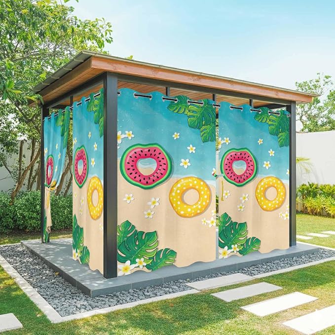 Summer Outdoor Curtains for Patio Plumeria Swimming Circles Ocean Beach