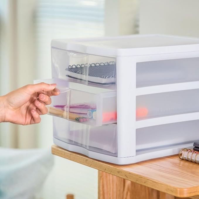 STERILITE 3 Drawer Desktop Storage Unit, Tabletop Organizer for Desk, Countertop at Home, Office, Bathroom, White with Clear Drawers, (Pack of 4)