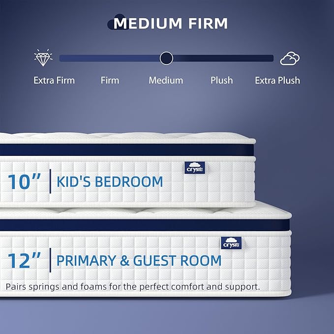Crystli Full Mattress, 12 Inch Full Size Mattress Bed in A Box, Medium Firm Hybrid with Zero Pressure Foam, Innerspring for Pressure Relief, CertiPUR-US Certified