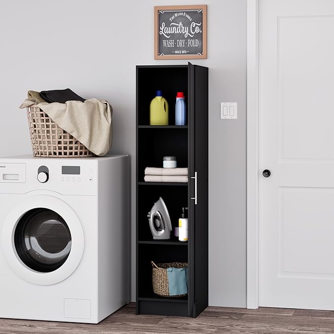 Prepac Elite 16” Wide Black Storage Cabinet with 2 Adjustable Shelves, Ideal for Bathroom, Pantry, Kitchen, Home Office, Laundry Organization, Good for Narrow Spaces 16”W x 65”H x 16”D, Black