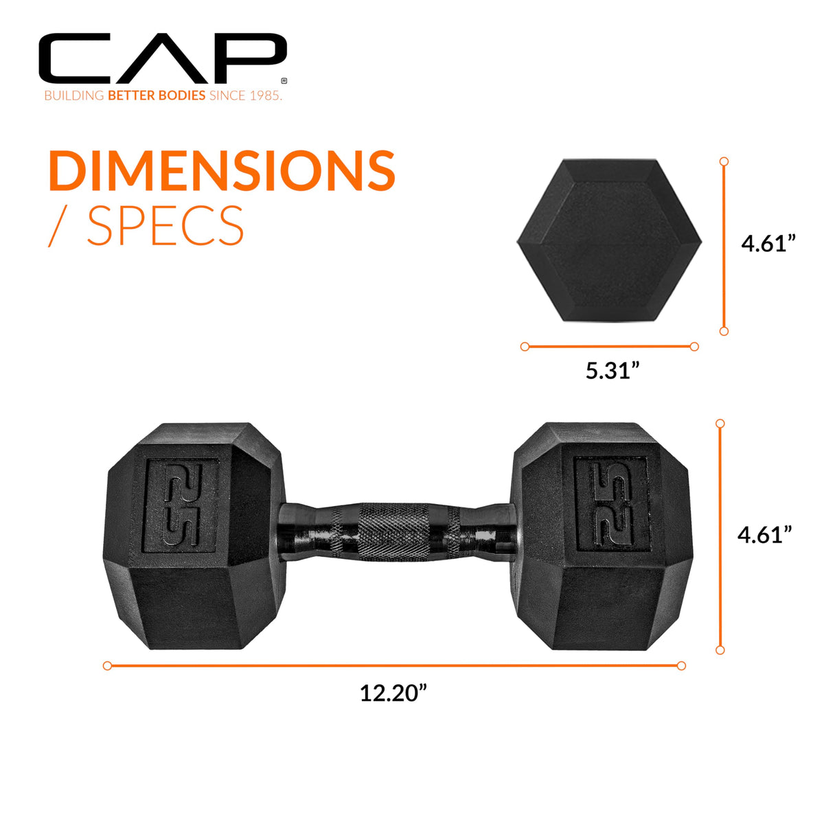 CAP 25lb Rubber Coated Hex Dumbbell, Black Grip, Free Weights, Pair