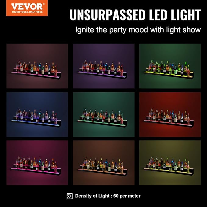 VEVOR LED Lighted Liquor Bottle Display, 2 Tiers 60 Inch Commercial Illuminated Home Bar Shelf, 2 Steps Whiskey Rack Stand, Acrylic Drink Shelves with RF Remote & App Control, and Multicolor Light