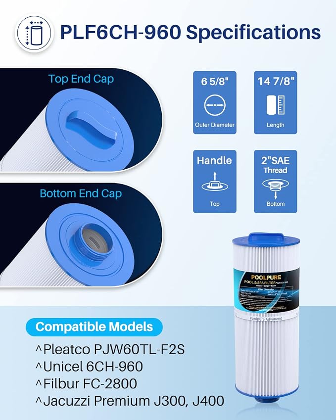 POOLPURE PLF6CH-960 Spa Filter Replaces PJW60TL-F2S, Jacuzzi Filters J-300