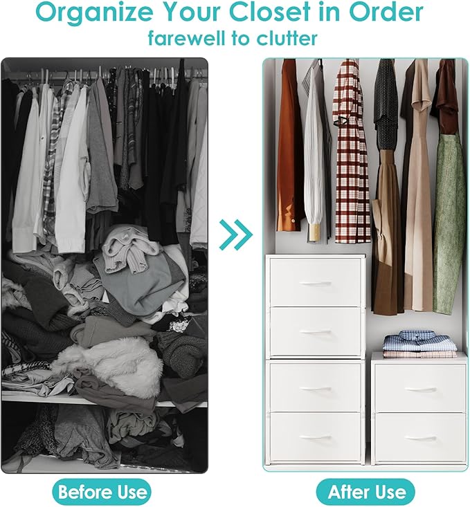 2 Pack Stackable Storage Closet Drawers, White Closet Organizers and Storage, Small Drawers for Closet with Wooden Top & Metal Frame, 2 Tier Modern Short Dresser for Bedroom,Dorm,Living Room, Office