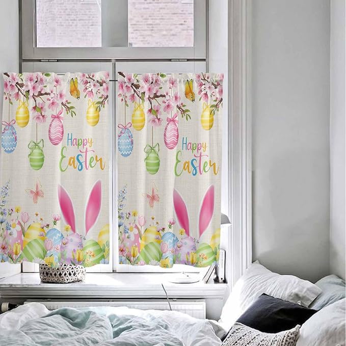 Happy Easter Kitchen Curtains 45 Inches length, Spring Farmhouse Bunny Eggs