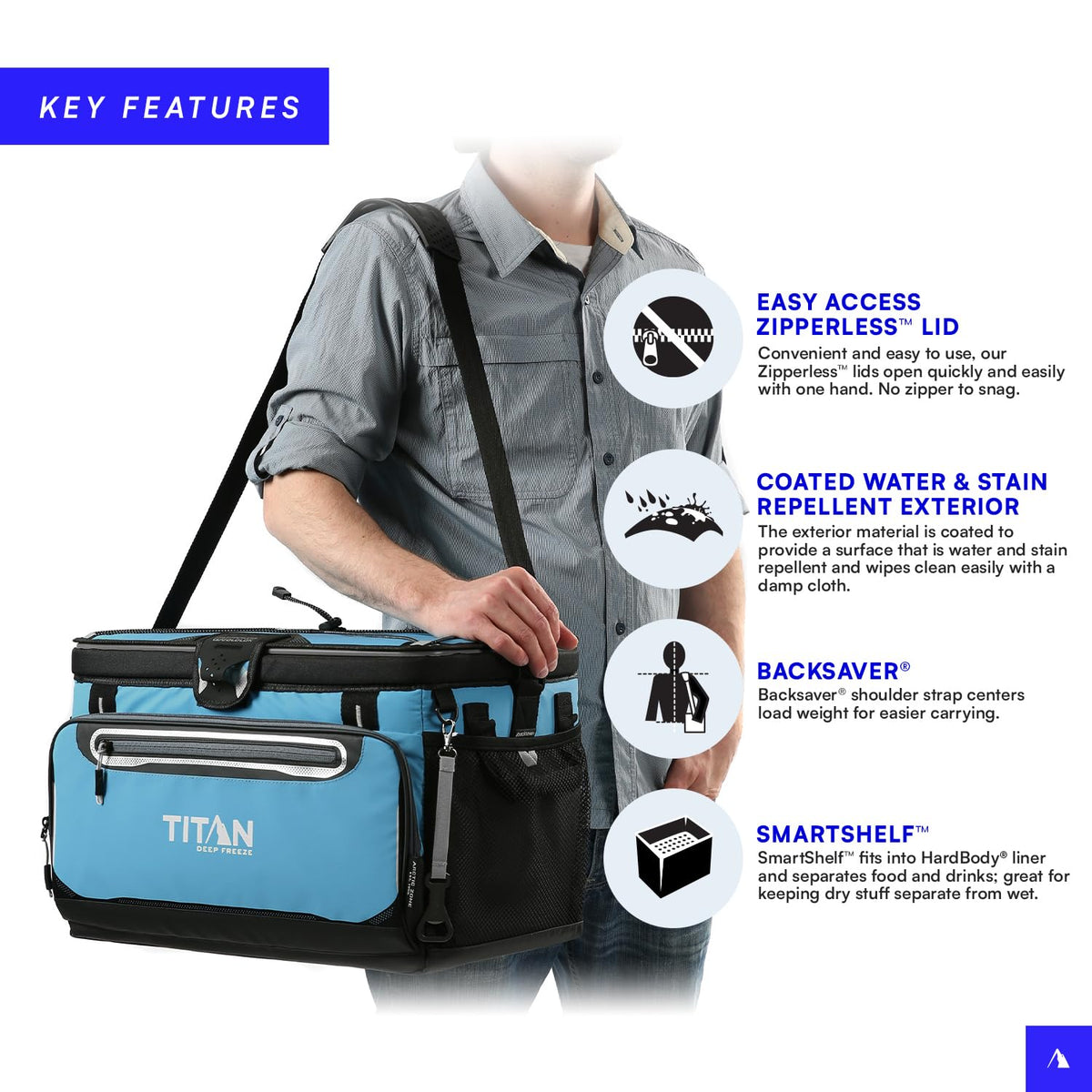 Titan by Arctic Zone Deep Freeze Cooler - 48 Can Zipperless Hardbody Cooler with Deep Freeze Insulation, HardBody Liner, and SmartShelf - Process Blue