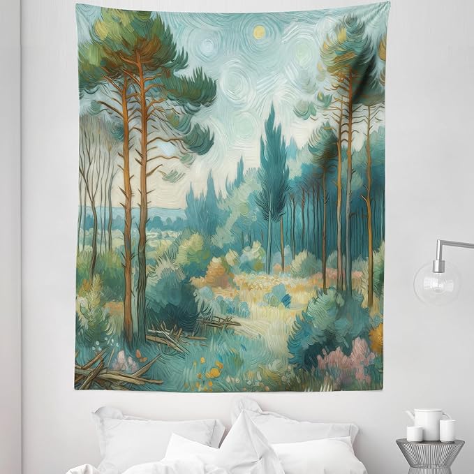 Ambesonne Forest Tapestry Twin Size, Trees Bushes Sky with Dramatic Brush Stroke Effects Post-Impressionism, Wall Hanging Bedspread Bed Cover Wall Decor, 68" X 88", Cadet Blue Green Amber