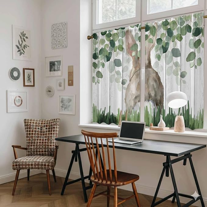 Easter Kitchen Curtains, Country Rabbit Botanical Leaves Wooden Grain Light