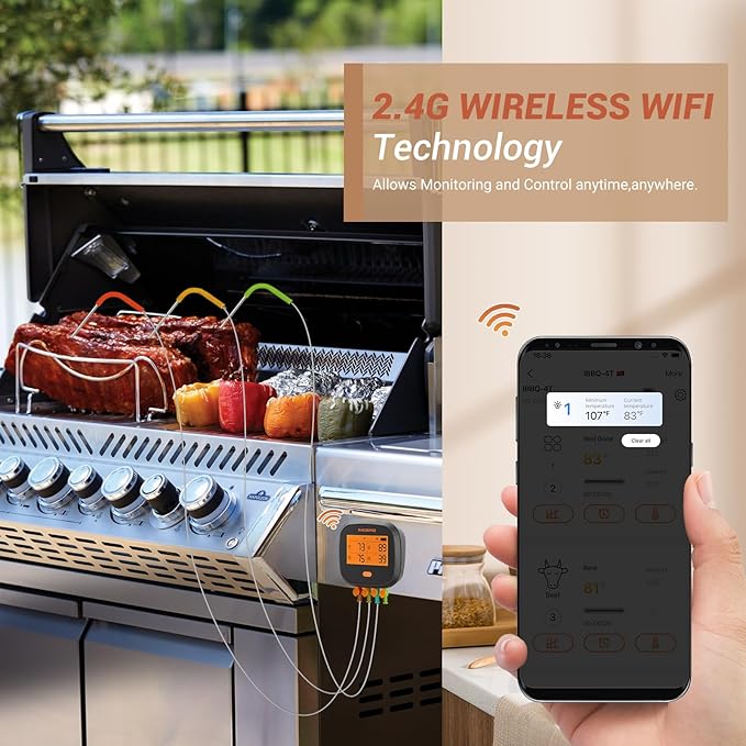 INKBIRD WiFi Meat Thermometer IBBQ-4T, Wireless BBQ Thermometer for Smoker