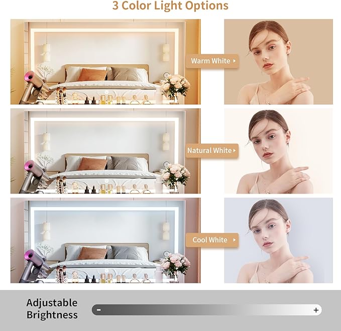 VOWNER Vanity with Lighted Mirror - Makeup Vanity Desk with Power Outlet and 9 Drawers, 3 Color Lighting Modes Adjustable Brightness, 43" Vanity Table with Soft Cushioned Stool for Bedroom, Pink