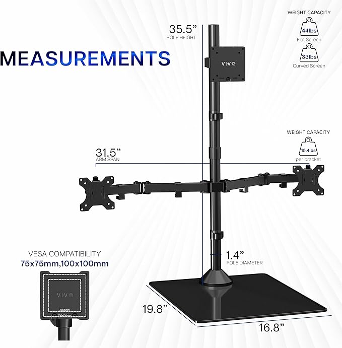 VIVO Triple Monitor Extra Tall Desk Stand for up to 49 inch Ultrawides on Center Bracket and 27 inch Screens on Side Brackets, Holds up to 44 lbs, Tempered Glass Base, Black, STAND-V103T-GB