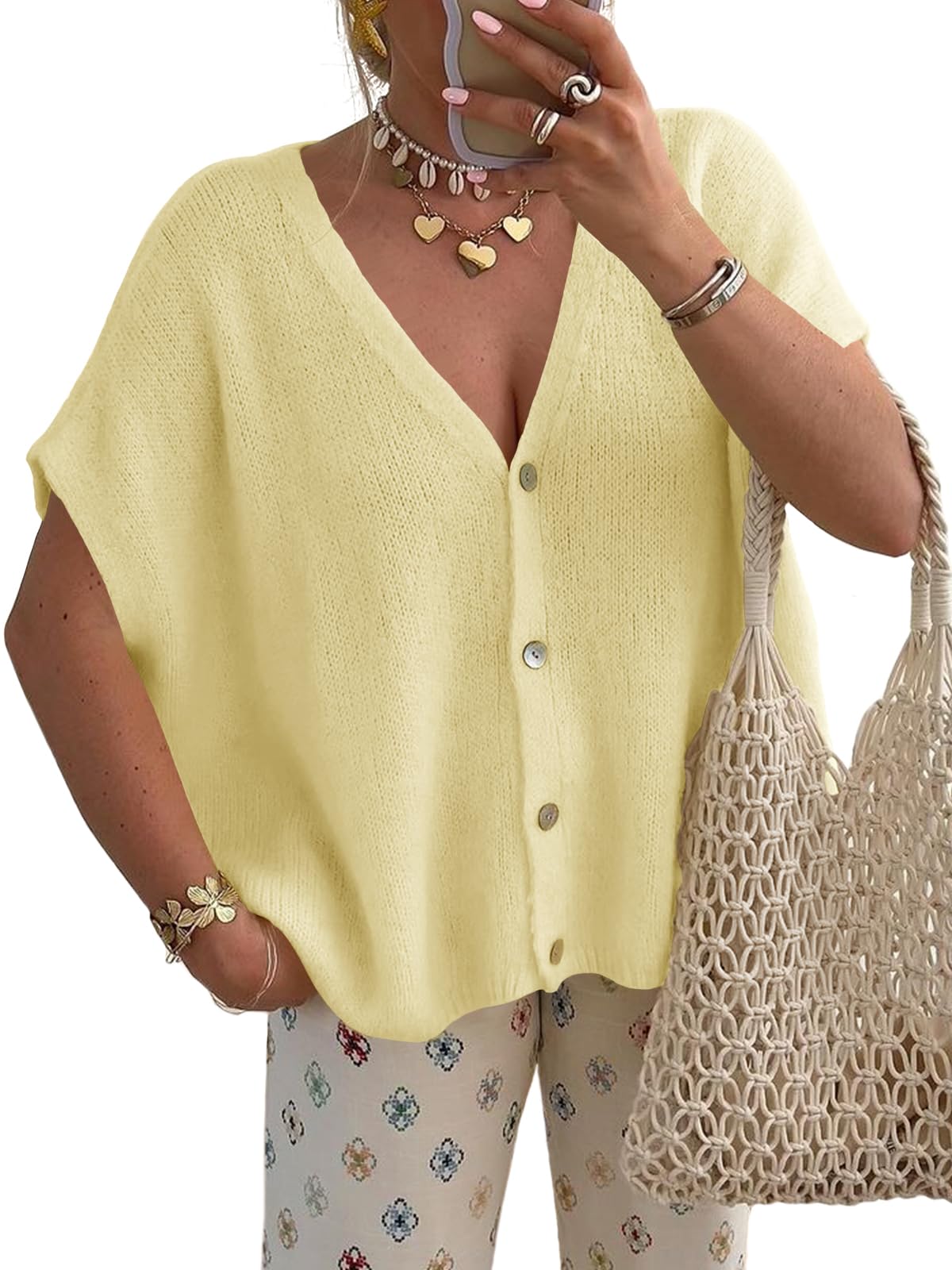 Saodimallsu Womens Summer Oversized Cardigans Batwing Short Sleeve Lightweight Button V Neck Casual Knit Sweater Tops Yellow