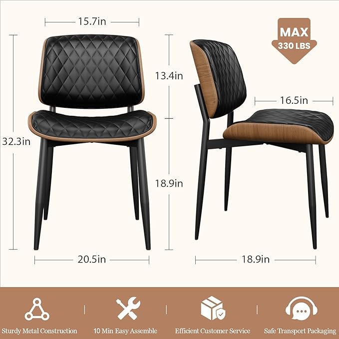 Dining Chairs Set of 6, Mid-Century Modern Upholstered PU Leather Chairs with Walnut Back and Metal Legs Adjustable Feet for Kitchen Dining Room, Black Diamond Plaid