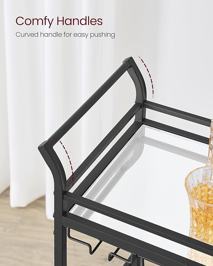 VASAGLE Bar Cart, Home Bar Serving Cart, Small Bar Serving Cart with 3-Tier Shelf, Wine Holders, Glass Holders, Mini Bar Cart for Small Spaces, Kitchen, Dining Room, Living Room, Ink Black