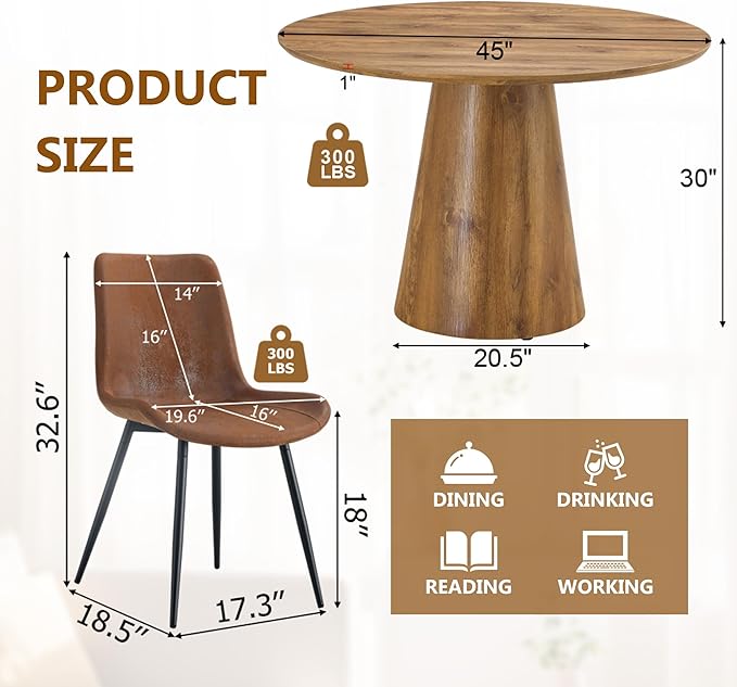 Round Dining Table Set for 6,45'' Farmhouse Dining Room Table Set for 6 with Suede Chairs,1" Thick Wood Pattern Tabletop with Conical Base,7 Pieces Kitchen Table Set for Dining Room,Apartment
