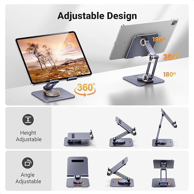 UGREEN Tablet Stand for Desk Swivel with 360° Rotating Base Tablet Holder Aluminum Portable Stand Adjustable Home Office Accessories Compatible with iPad Pro 11 Air Mini 6 5 Grey