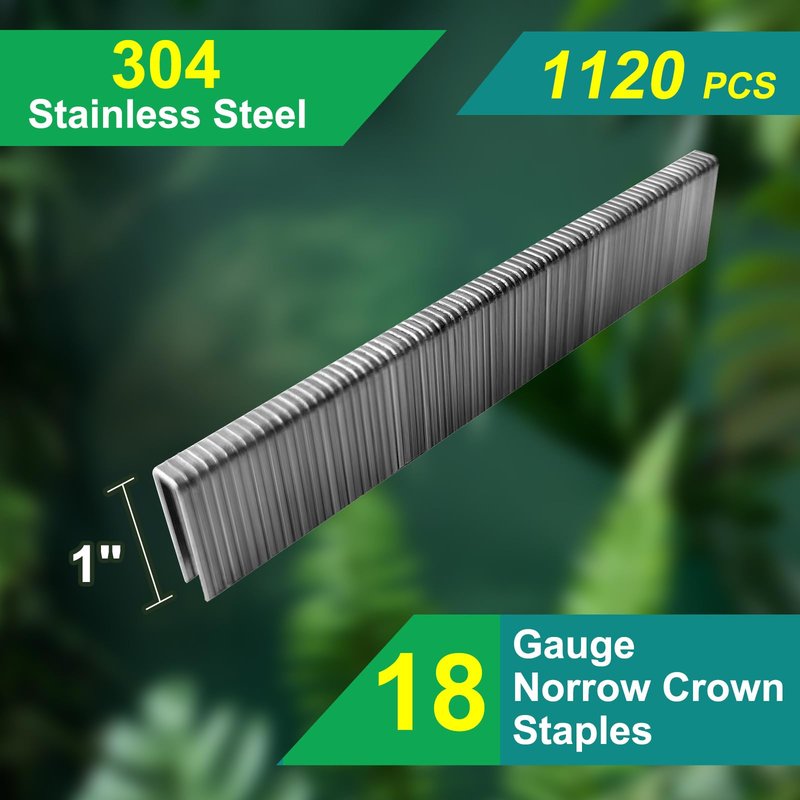 Toicann 18 Gauge Norrow 1/4" Crown Staples 304 Stainless Steel 18 GA Staples for Pneumatic, Electric Stapler (1"-1120 pcs)