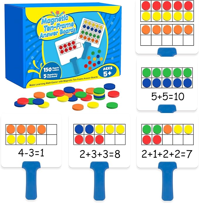 Magnetic Ten Frame Set,5 Dry Erase Paddles & 150 Math Counters,Counting Toys for Kids,Addition and Subtraction Games,Math Manipulatives 1st Grade,Kindergarten Preschool Classroom Must Haves