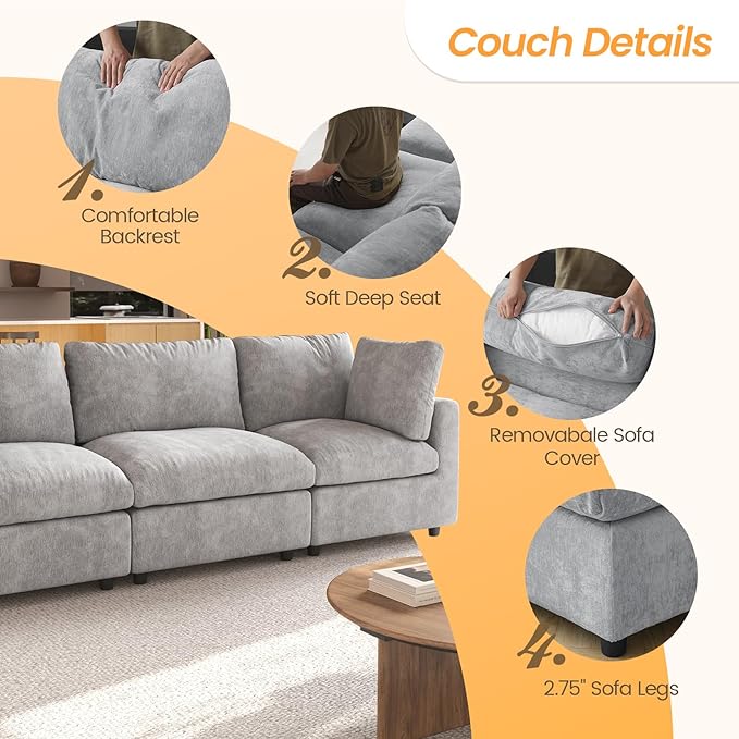 JACH 3-Seater Sectional Couches for Living Room, Deep Seat Modular Sofas, Cloud Sectional Couch, Sofa Covers Washable, Minimalist Modern Sofa for Living Room, Apartment, Light Grey
