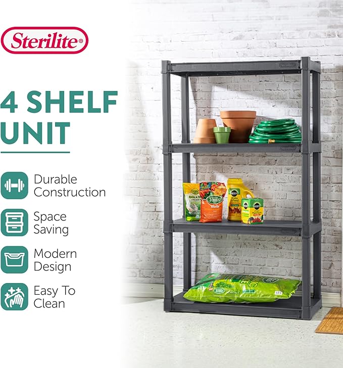 Sterilite 4 & 5 Shelf Plastic Storage Units Bundled with Easy to Assemble Storage Cabinet for Garage, Pantry & Kitchen Organization, 4 Shelves, Gray
