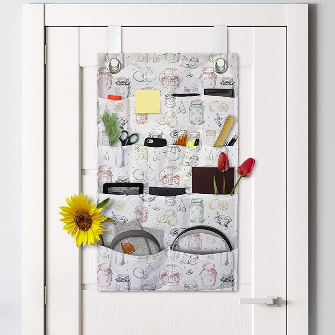 Ambesonne Ingredients Hanging Pocket Organizer, Sketch Colorful Freehand Drawings of Jars Fruits Bottles and Mini Spots, Printed Polyester Storage Bag with Pockets, 21" x 31", White Multicolor