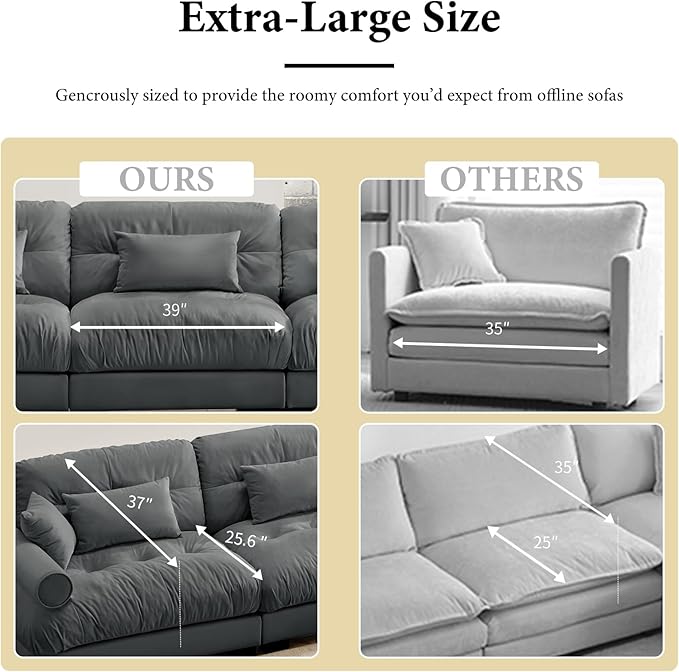 166" Grey Modular Sectional Sofa, 4 Seater Large Sectional Couches for Living Room, Velvet Fabric Oversized Fluffy Cloud Couch with Ottoman, Deep Seat Home Sofas Set, Sofá Moderno, U Shaped