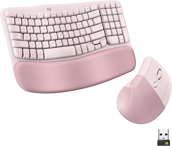 Logitech Wave Keys & Lift Vertical Mouse - Ergonomic Wireless Keyboard and Mouse Combo - with Cushioned Palm Rest, Easy-Switch, Bluetooth, for Multi-OS, Windows/Mac - Rose