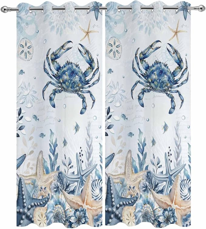 Oceans Outdoor Curtains for Patio Crabs Marine Life Shell Starfish Blue