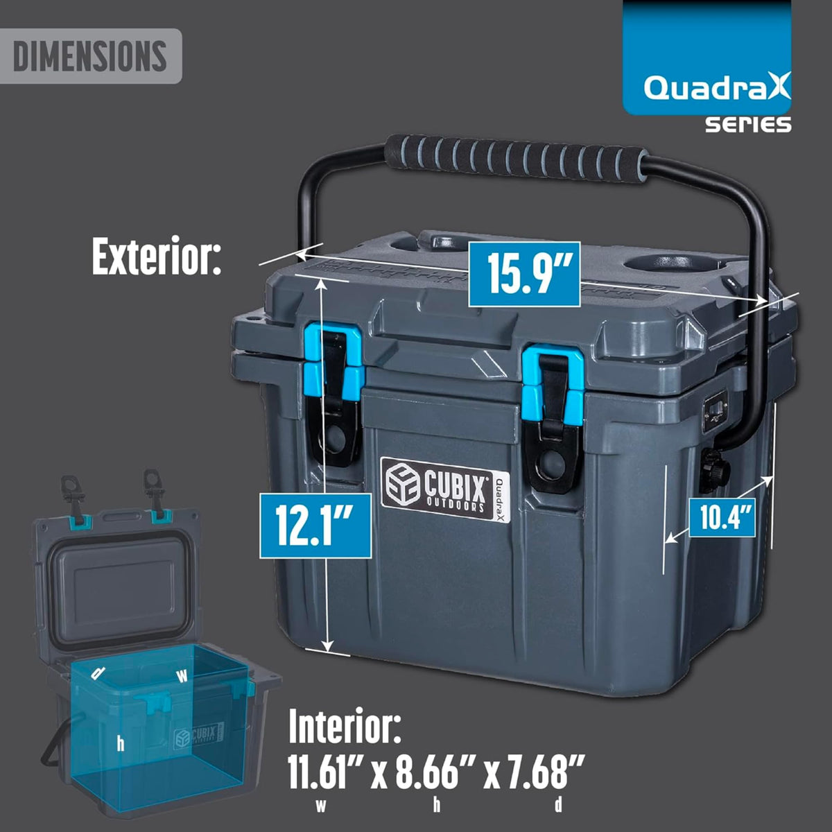 Cubix Outdoors, QuadraX 10QT Rotomolded Personal Small Cooler, Insulated Portable Hard Cooler Ice Chest, Holds Ice for 72 Hours for Outdoor Activities, 2 Built-in Cup Holders, Granite Grey