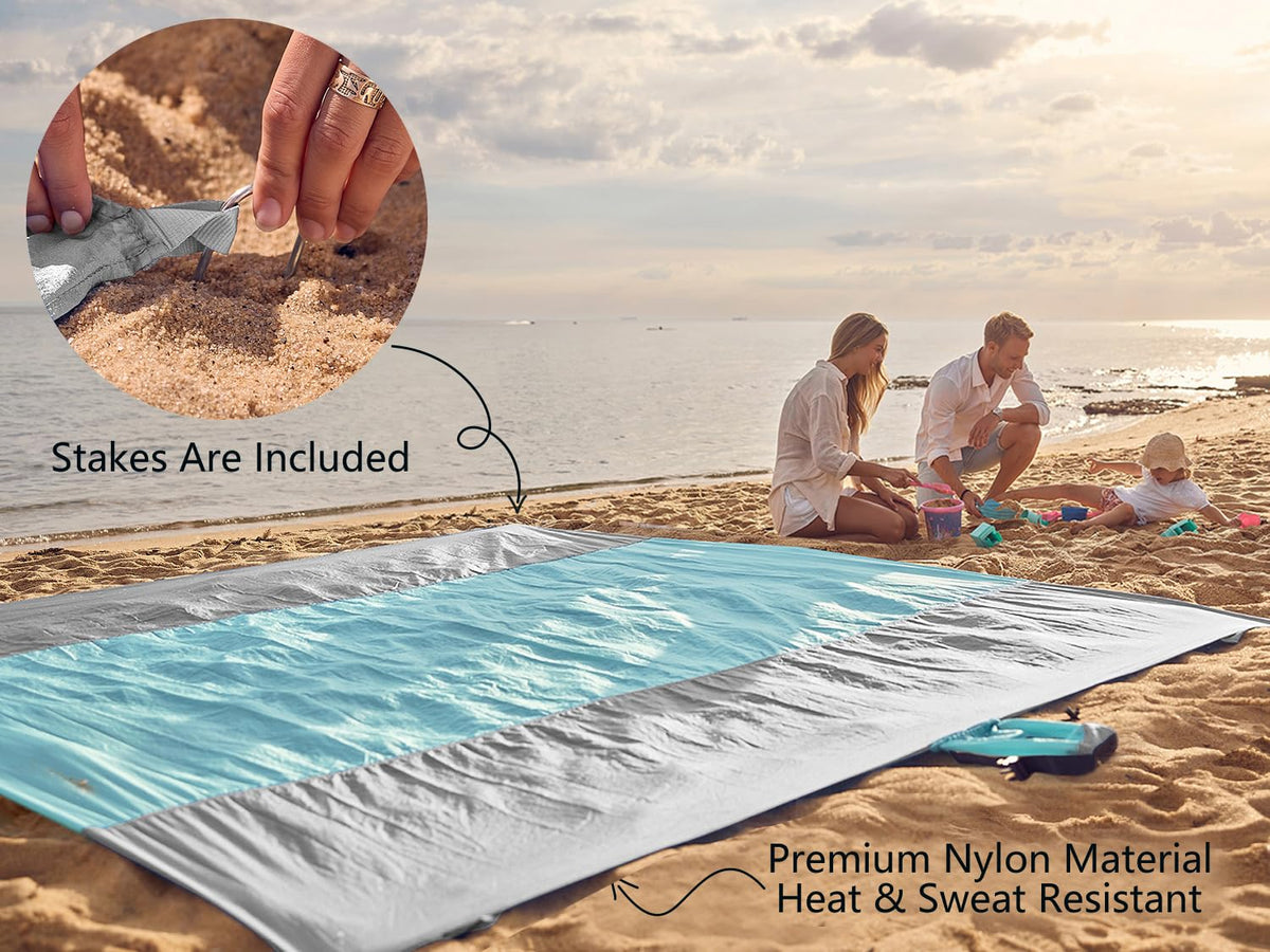 WEKAPO Beach Blanket - Sandproof Waterproof Extra Large Beach Mat | Oversized Sand-Free Lightweight Quick-Drying | Beach Vacation Essentials with Stakes & Corner Pockets (Grey, 9x7 FT)