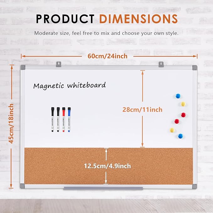 S SWANCROWN Dry Erase Board Cork Board Combo, Magnetic White Board and Bulletin Pin Board Combination,Hanging Wall Mounted Vision Board for Home, School, Office,Silver Frame,24"x18"