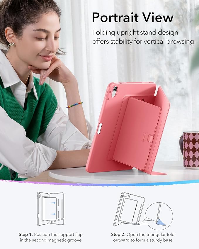 ESR for iPad A16 Case, iPad 11th/10th Generation Case (2025/2022), Vertical Stand Cover, Multi Stand Angles, Ultra-Stable Cover with Pencil Holder, Flip Series, Watermelon Pink