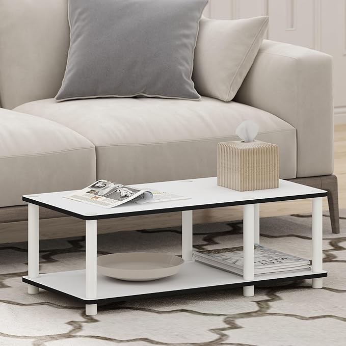 Furinno JUST TV Stand, 2-Tier No Tools Mid Entertainment Center with Open Shelf, TV Console for TV up to 46 Inch with Tubes, for Living Room, Bedroom, White