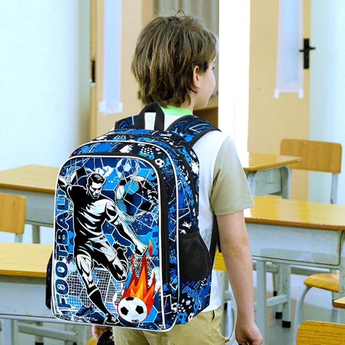 KLFVB 3PCS School Backpack, 17" Kids Football Bookbag and Lunch Box, Water Resistant Teenagers Backpacks for Middle Elementary - Soccer