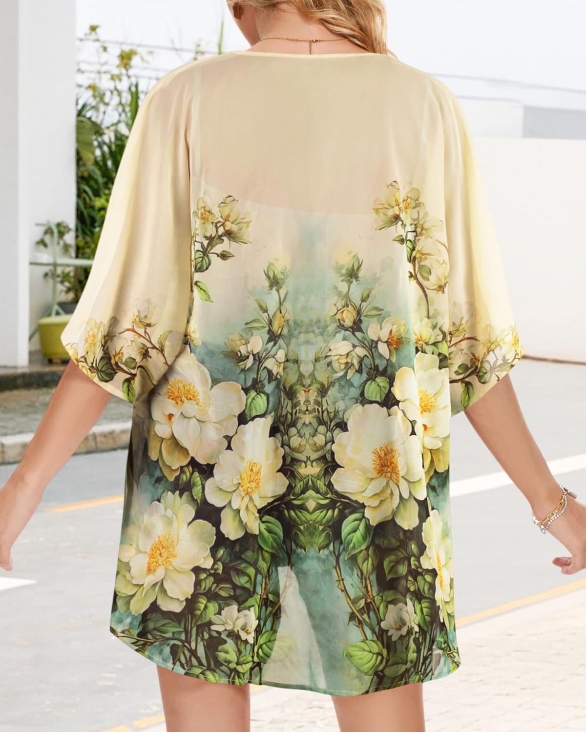Women's Floral Print Puff Sleeve Kimono Cardigan Loose Cover Up Casual Blouse Tops(Beige White Floral,M)