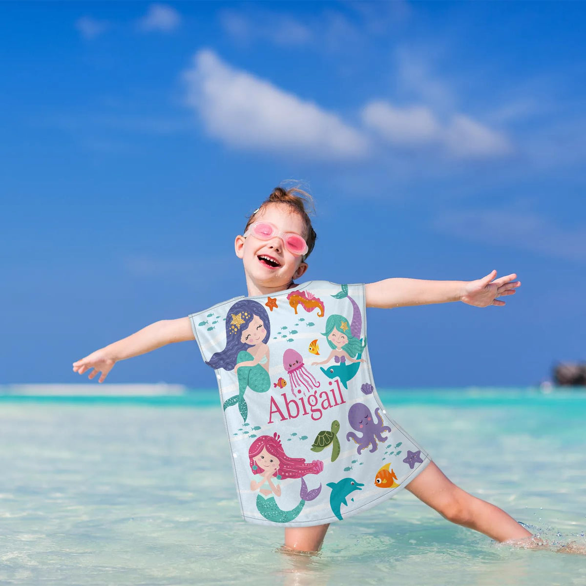 Personalized Mermaid Hooded Beach Towels for Toddlers, Customized Hooded Bath Towel for Girls Kids with Name, Baby Poncho, Custom Microfiber Soft Towels 1-6 Years with Hood Robe for Pool Swimming