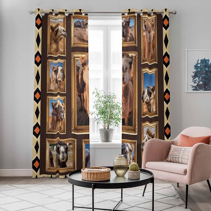 2 Panel Kitchen Cafe Curtains, Wildlife Camels Sunlight Filtering Nature Air