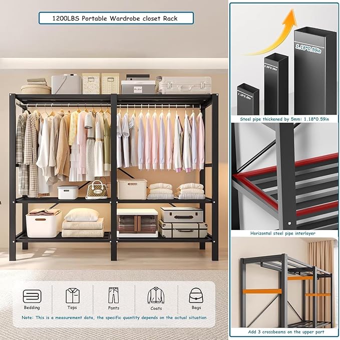 Heavy Duty Covered Clothes Rack with Magnetic Door Foldable Portable Wardrobe Closet for Hanging Clothing Rolling Black Metal Garment Rack on Wheels Closet System (Black, 65.9in)